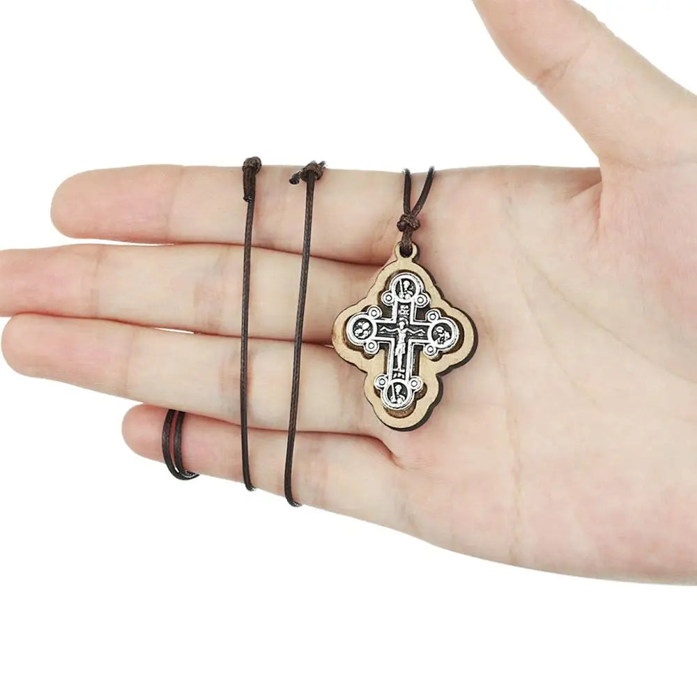 Orthodox ICXC Wooden Saint Cross Pendant Necklaces for Men Adjustable Leather Rope Chain Necklace Religious Jewelry