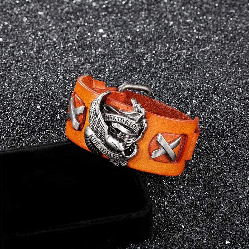 MKENDN Retro Punk Eagle Genuine Leather Bracelet Ride to Live Charm Bird Wide Bangles for Men Woman Pulseira Gift