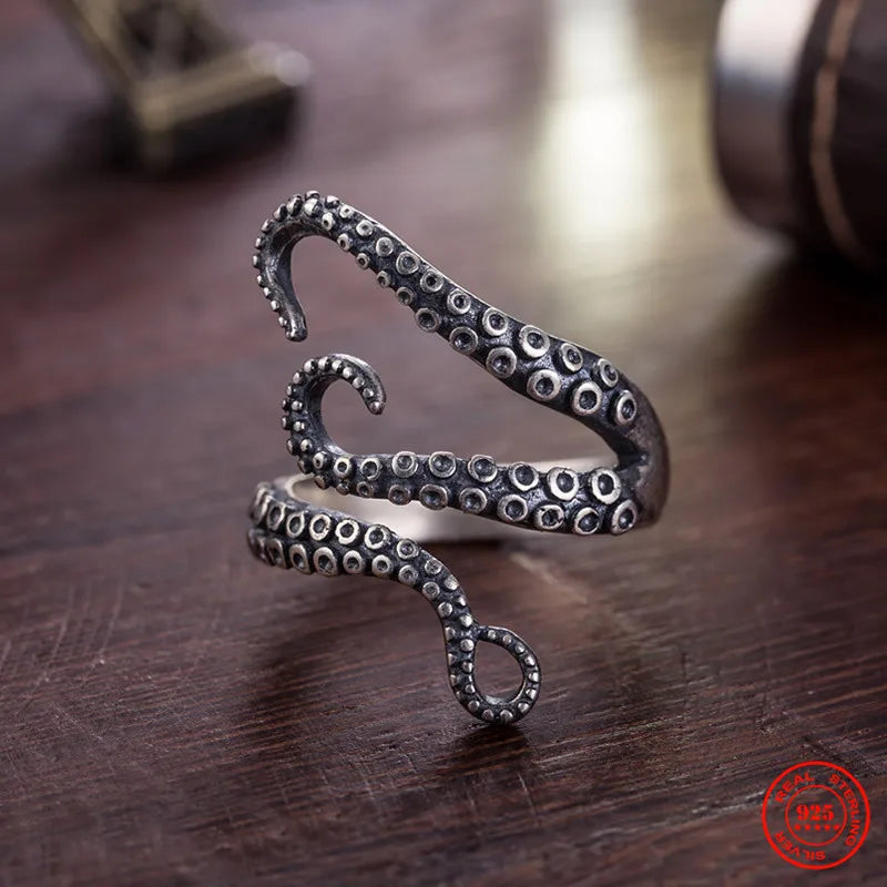 MKENDN Vintage Unique 925 Sterling Silver Cool Octopus Claw Tentacles Ring For Men and Women Gothic Street Rock Punk Jewelry