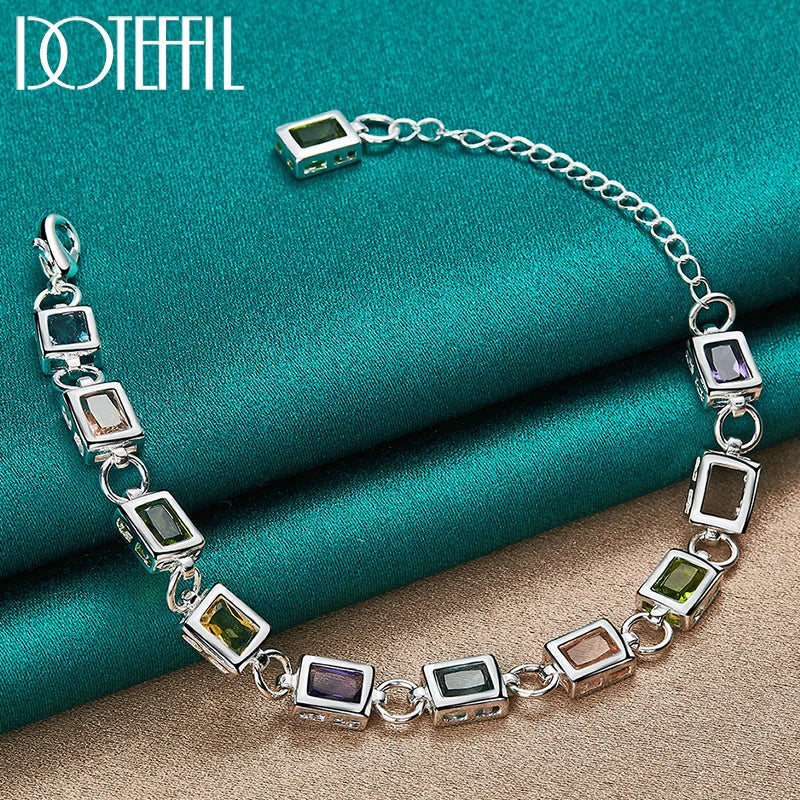 DOTEFFIL 925 Sterling Silver Square inlaid With Multi-color AAA Zircon Bracelet Chain For Woman Engagement Party Wedding Jewelry