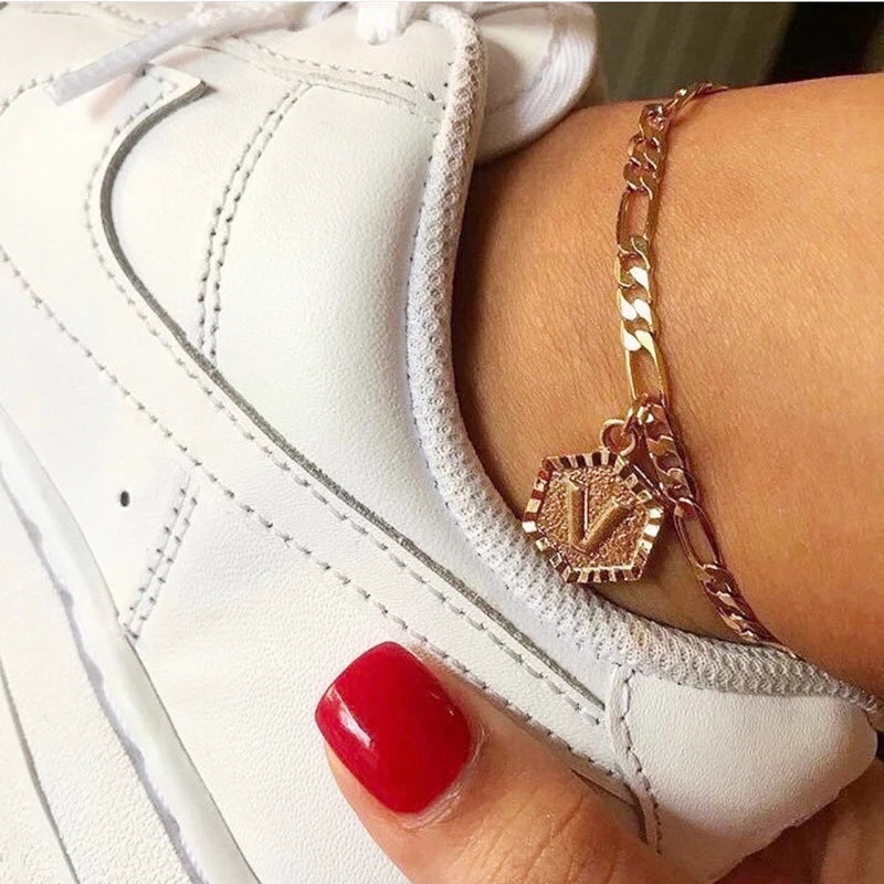 A-Z Letter Anklet / Hexagon Shaped Initial Ankle Bracelet - Madeinsea©