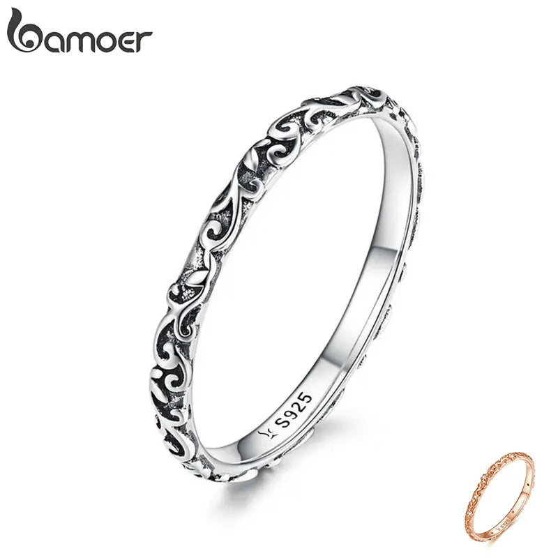BAMOER 2mm 925 Sterling Silver Vintage Pattern Minimalist Band Ring, Silver Stacking Rings for Women SCR513