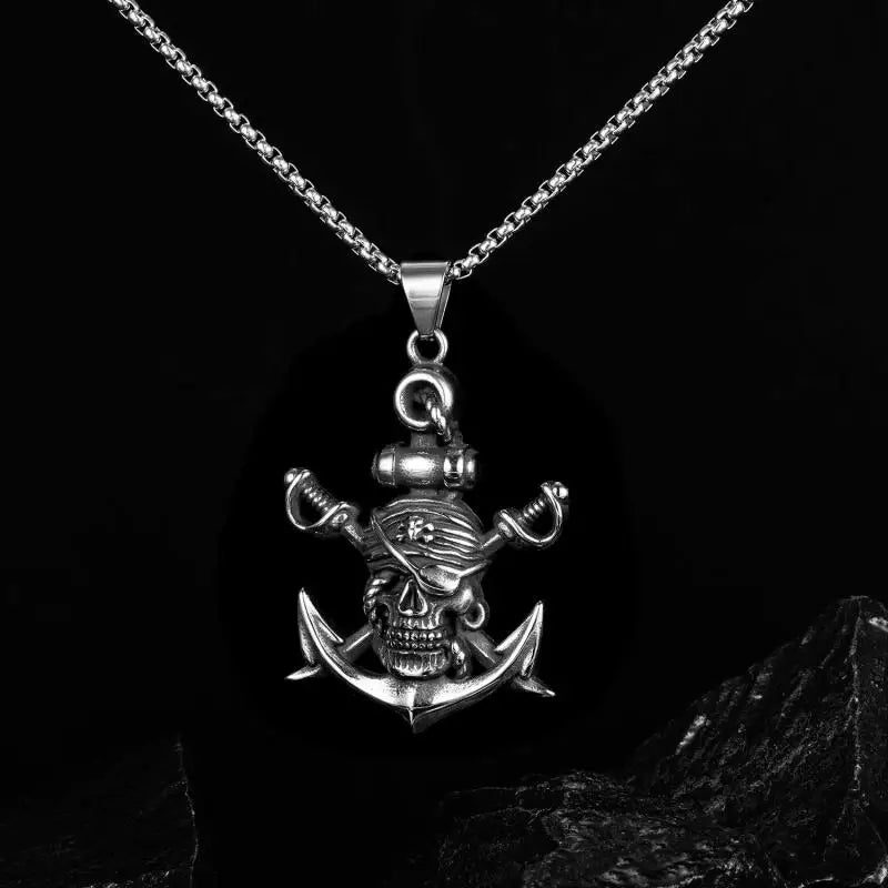 Double Sword Pirate Skull with Anchor Pendant Necklace
