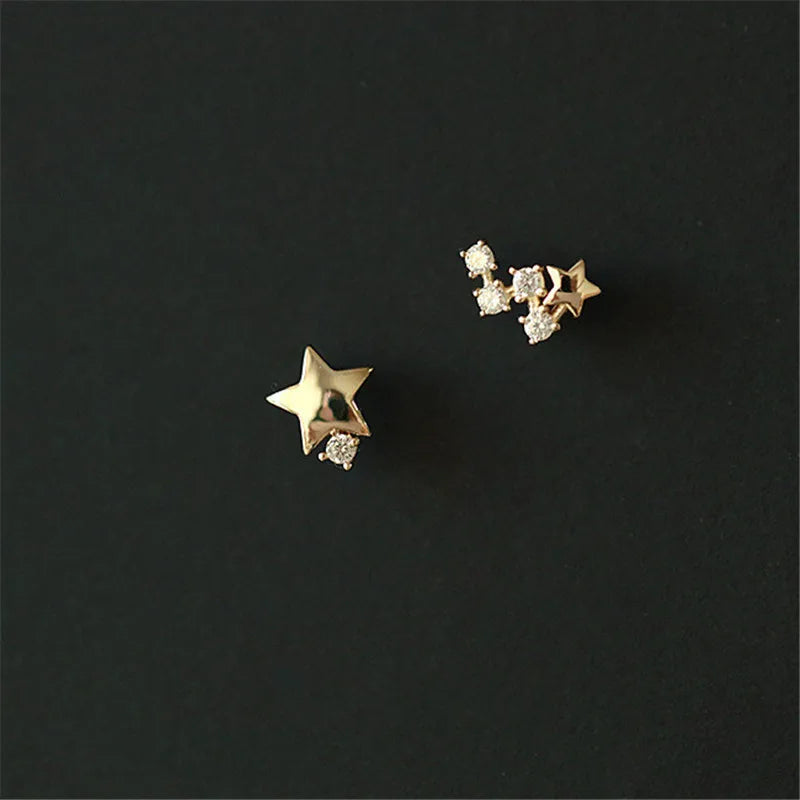 925 Sterling Silver Japanese Asymmetric Star Stud Earrings Women Modern Simple Student Party 14k Gold Plating Jewelry Gift