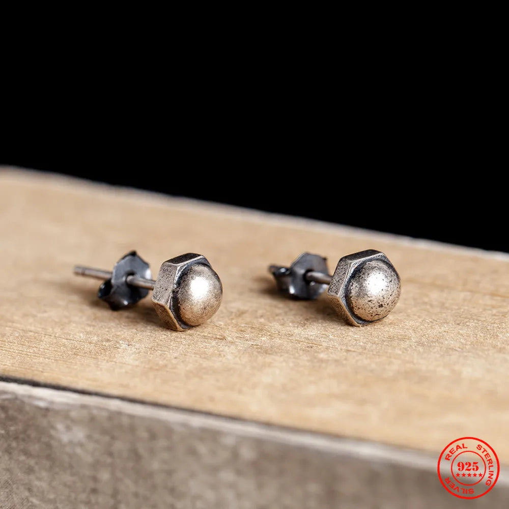 MKENDN 100% 925 Sterling Silver Female Hexagon screw Stud Earrings Hypoallergenic Men Personalized Minimalist Punk Ear Jewelry