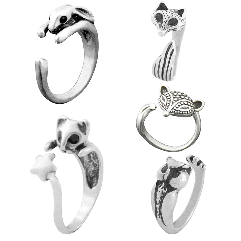 Vintage Silver Plated Boho Rabbit Fox Owl Anel Rings For Women Punk Anillos Metal Knuckle Ring Men Jewelry Best Friend Gifts