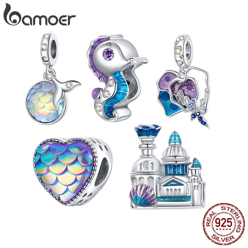 bamoer 925 Sterling Silver Enamel Marine Life Charm Mermaid Sea Horse Fishtail Scale Shell Heart Scaly Bead Castle Charm BSC428
