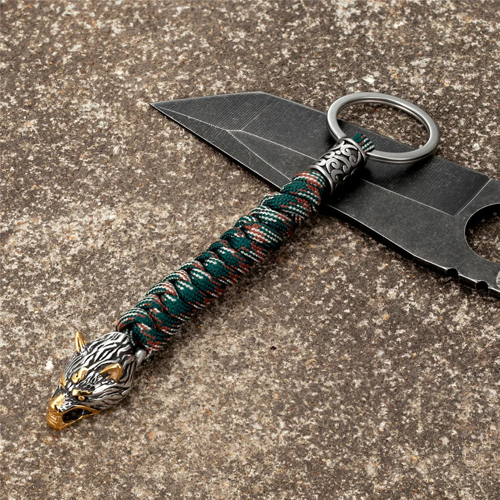 MKENDN Antique Viking Wolf Head Bead Paracord Knife Lanyad EDC Tactical Survival Keychain Lanyard Gift For Men - Madeinsea©
