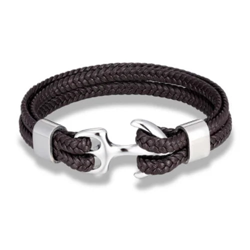 MKENDN Modisches Lederarmband für Herren, schwarzes geflochtenes mehrlagiges Seilarmband aus Edelstahl mit Anker, Herrenschmuck, Geschenkidee