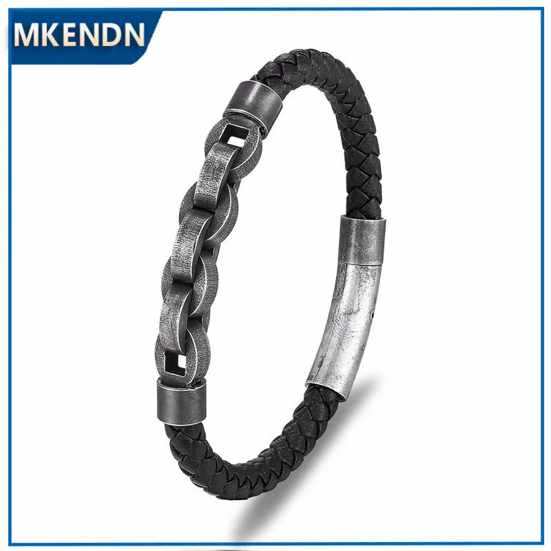 MKENDN Bracelet à maillons cubains vintage oxydé noir pour hommes, bracelets en cuir et acier inoxydable, bracelet à main Hip Hop Biker