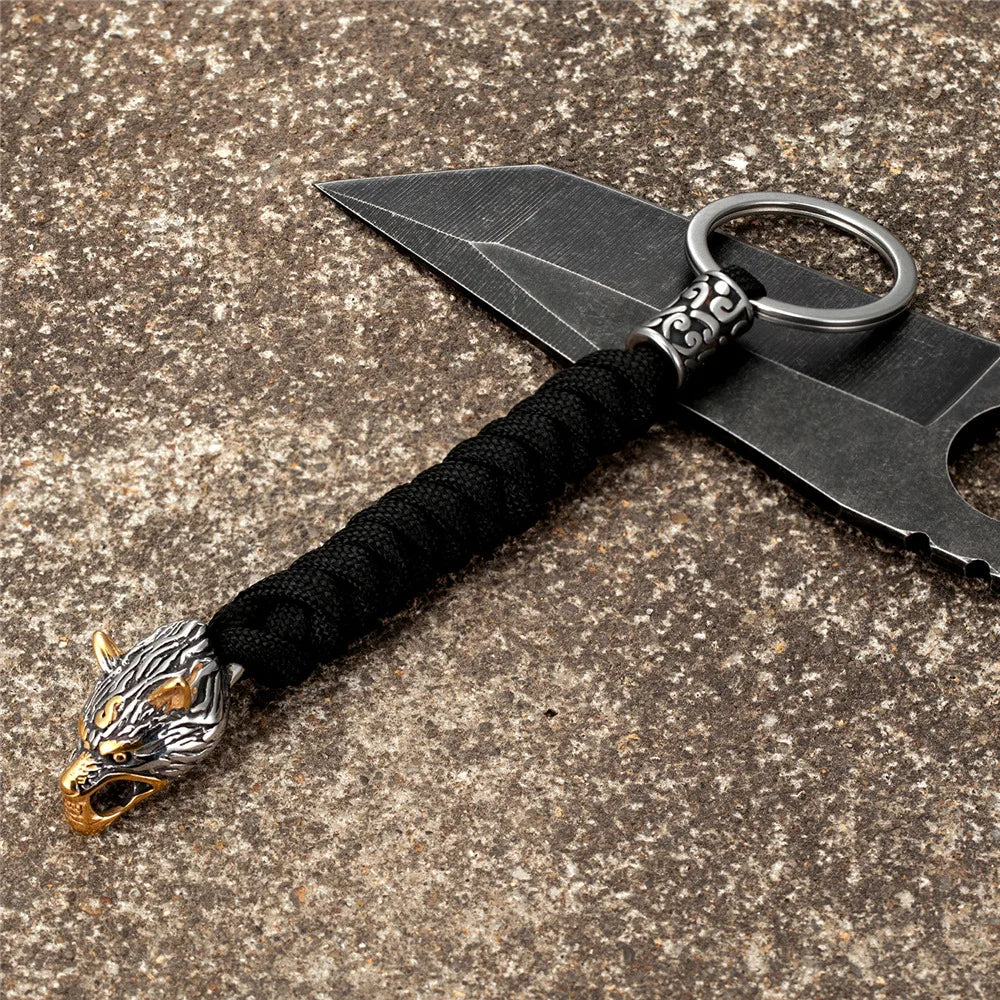 MKENDN Antique Viking Wolf Head Bead Paracord Knife Lanyad EDC Tactical Survival Keychain Lanyard Gift For Men - Madeinsea©