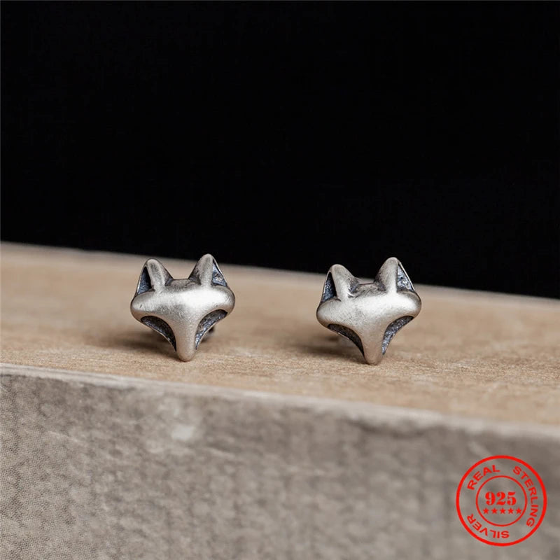 MKENDN 100% 925 Sterling Silver Creative Retro Fox Head Stud Earring Trendy Street Gothic Punk Style Men Women Fine Jewelry