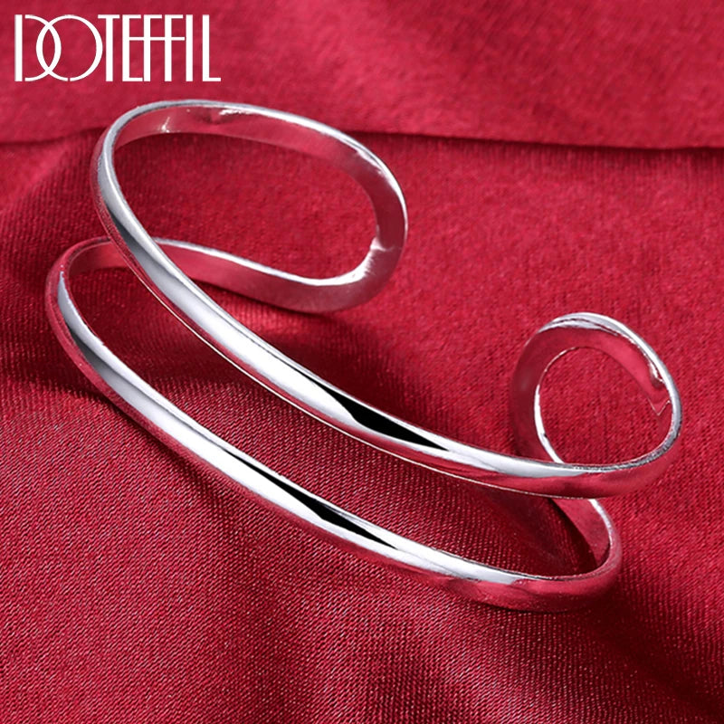 DOTEFFIL 925 Sterling Silver Double Circle Line Bangle Bracelet For Woman Wedding Engagement Fashion Charm Party Jewelry