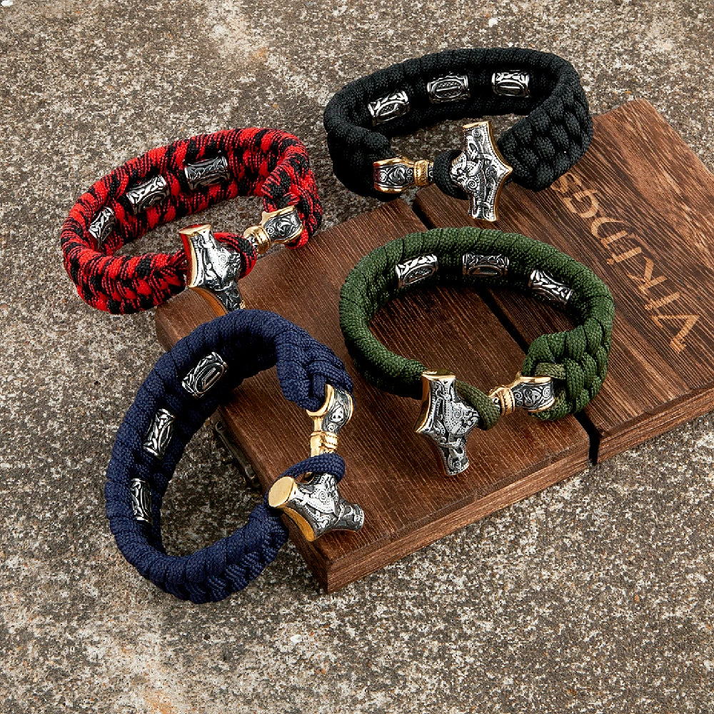 MKENDN Thor's Hammer Viking Bracelet Mjolnir Scandinavian Runes Amulet Beads Survival Bracelets Men Women Handmade Amulet Jewel
