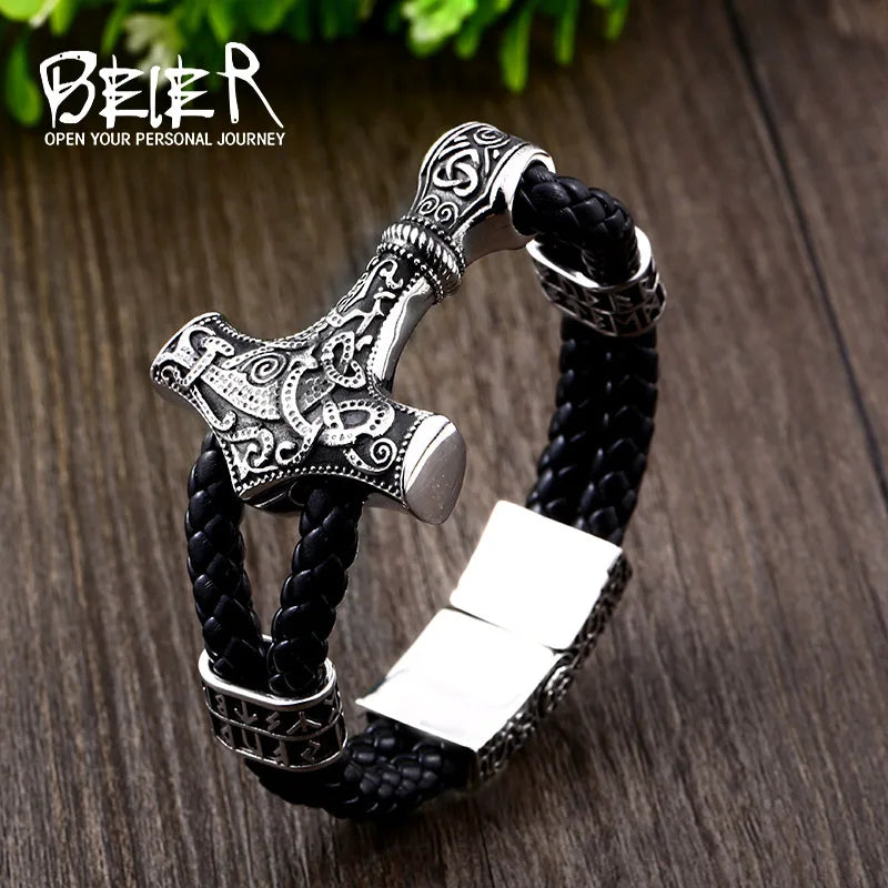Bracelet pour homme Beier en acier inoxydable 316L avec amulette marteau triangulaire et lettre Viking nordique Nevis LLBC-L005L
