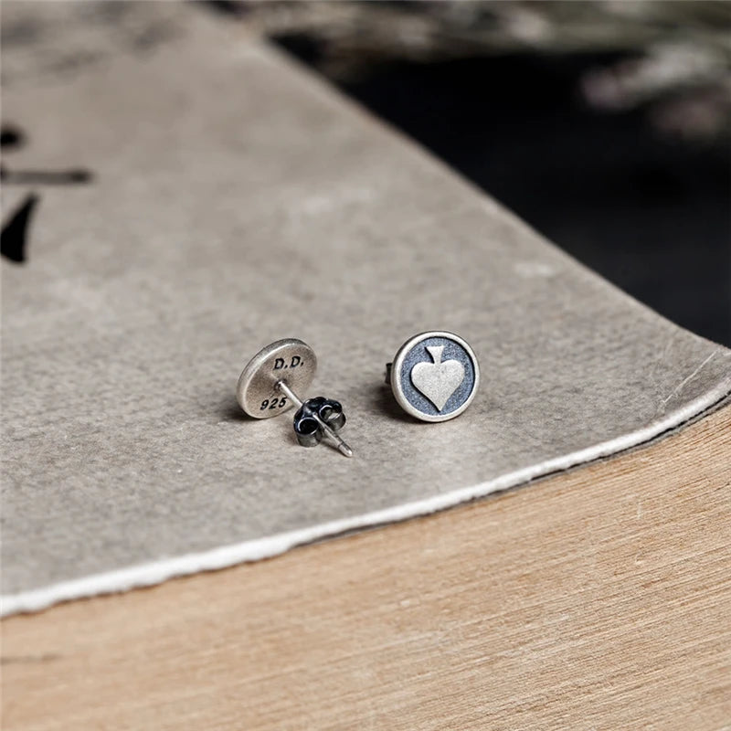 MKENDN Personalized 925 Sterling Silver Earrings Men Women Black Heart Stud Earrings Street Punk Hip-Hop Jewelry