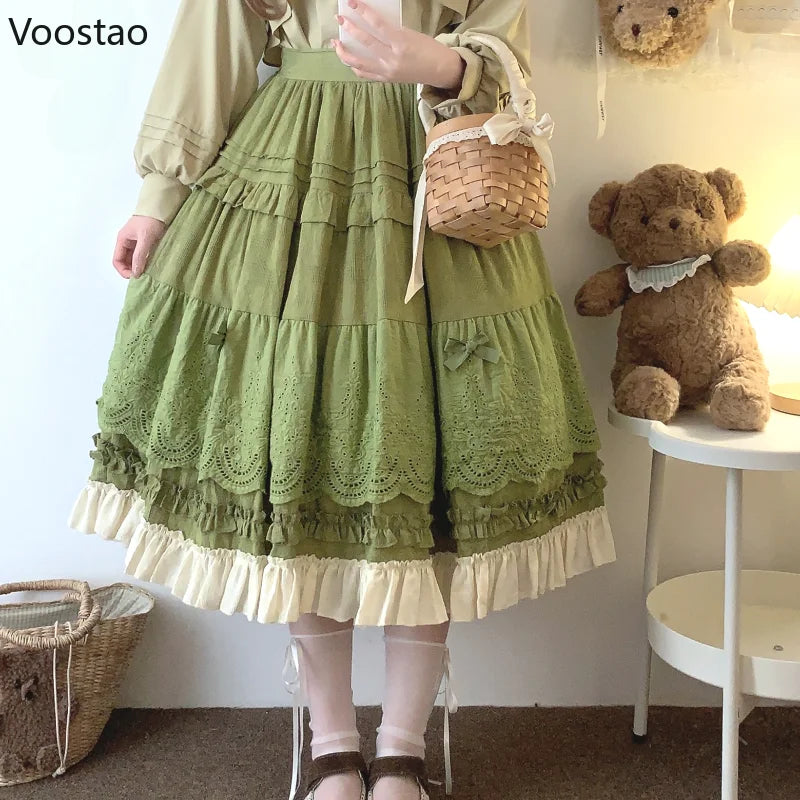 Mori Girl Style Lolita Midi Skirt Women Vintage Embroidery Lace Floral Bow Ruffles Long Skirts Female Prairie Chic Party Skirt - Madeinsea©