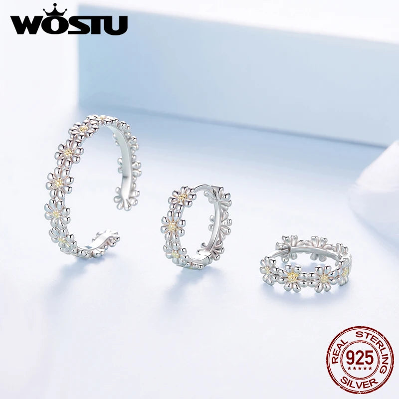 WOSTU 925 Sterling Silver Daisy Flower Open Ring Hoop Huggies Earrings , s925 Silver Women Jewelry Set Daily Wear Birthday Gift