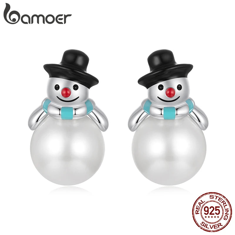 BAMOER 925 Sterling Silver Christmas Snowman Pearl Stud Earrings for Women Girls Hypoallergenic Huggies Christmas Gift BSE1095
