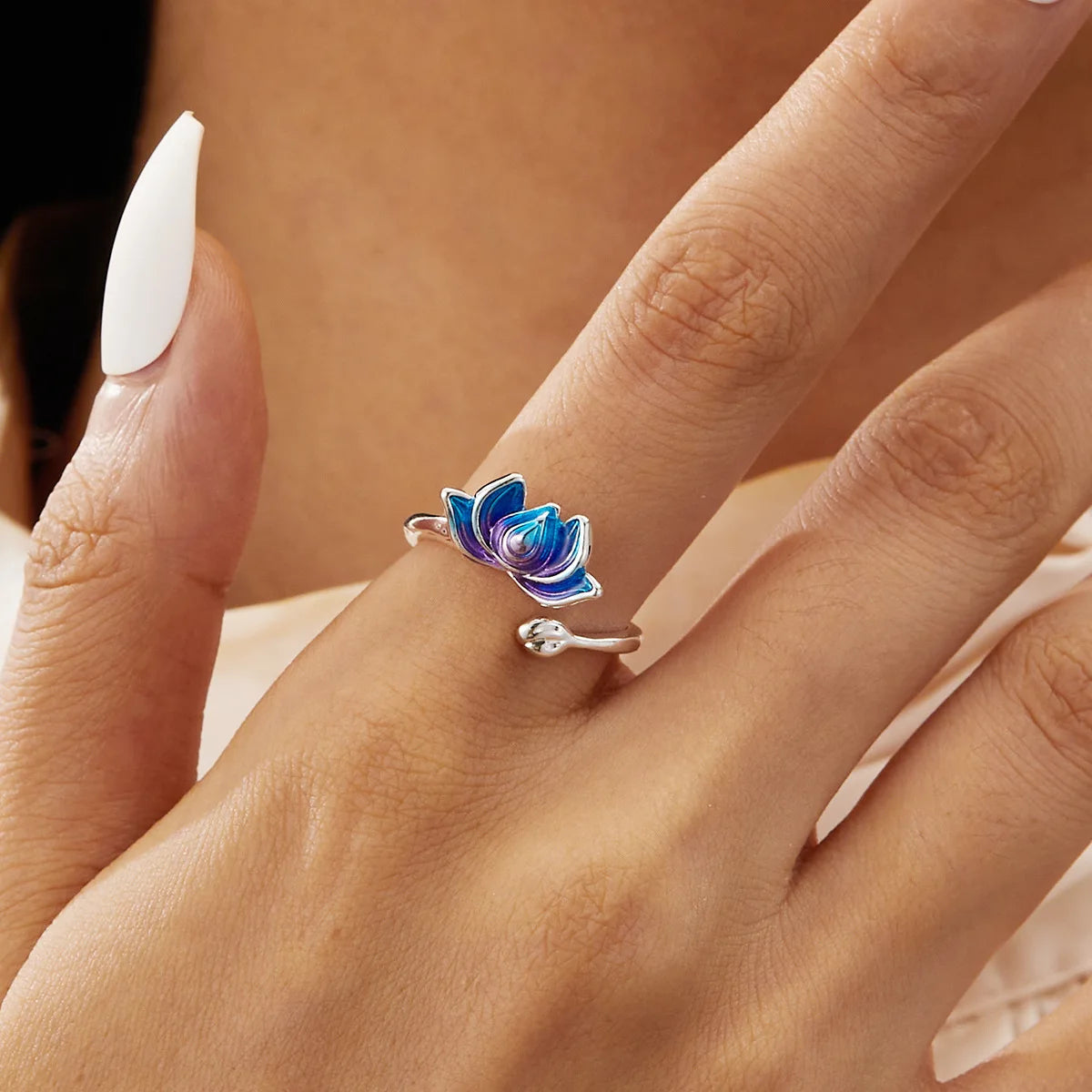 Retro Chinese Cloisonne Lotus Flower Ring For Women Punk Gothic Vintage Open Ring Handmade Designer Jewelry Unisex Accessories