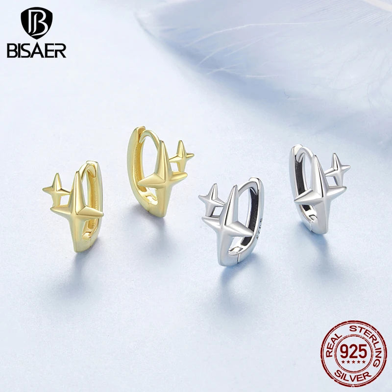 BISAER 925 Sterling Silver Starlight Hoop Earrings Star Huggie Earrings Hoop Plated Gold For Women Party Weeding Fien Jewelry
