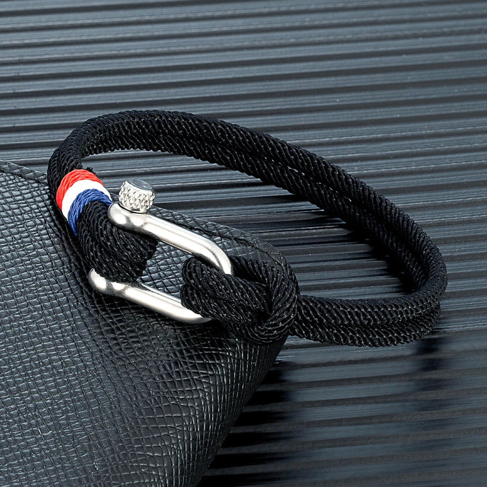 MKENDN Stainless Steel U-Shape Shackle Buckle Bracelet Men Women Handmade Woven Double-Layer Design France Flag Couple Jewelry