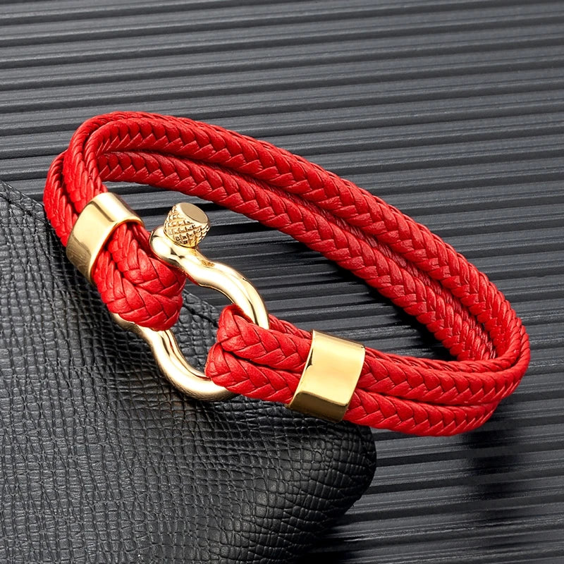 MKENDN High Quality Woven Leather Rope Wrapping Stainless Steel Horseshoe Shackle&Screw Leather Bracelet For Men Women Gifts