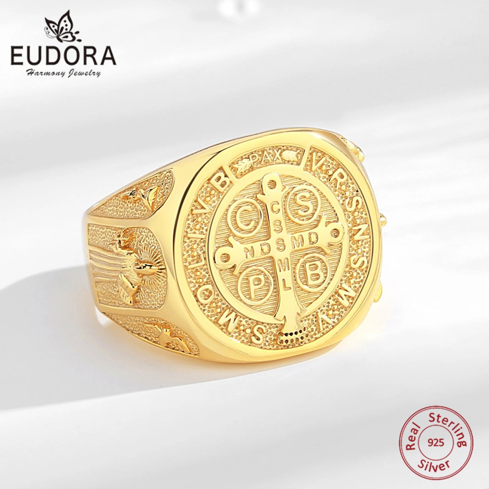 Eudora 925 Sterling Silver Saint Benedict Medal Adjustable Ring 18K Gold San Benedict Cross Amulet Ring Religious Jewelry Gift