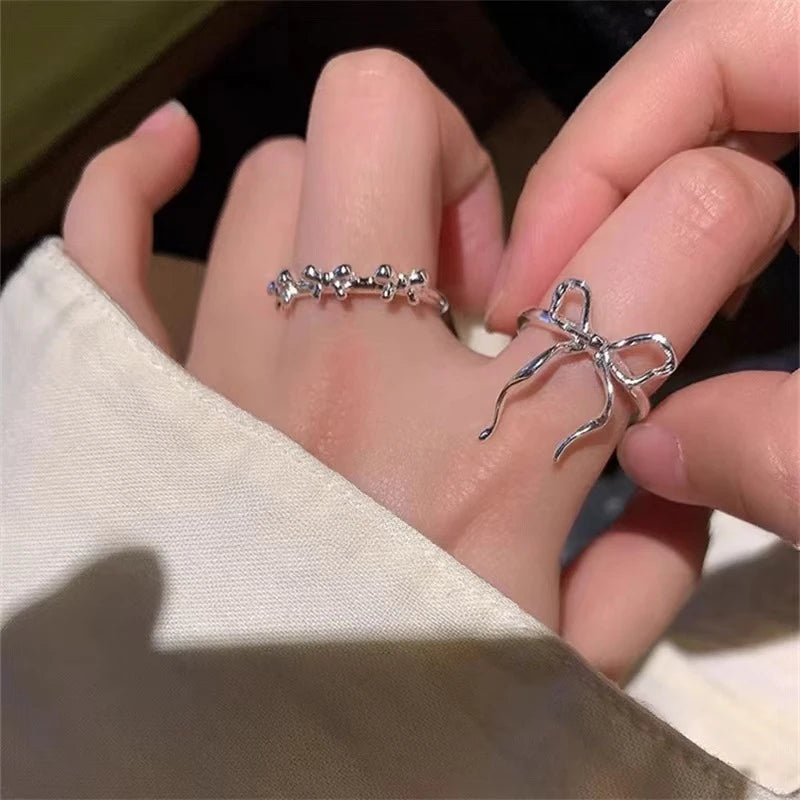 Fashion Bow Ribbon Rings For Women Girls Silver Color Sweet Cute Geometric Bow Knot Opening Finger Ring Wedding Party Jewelry