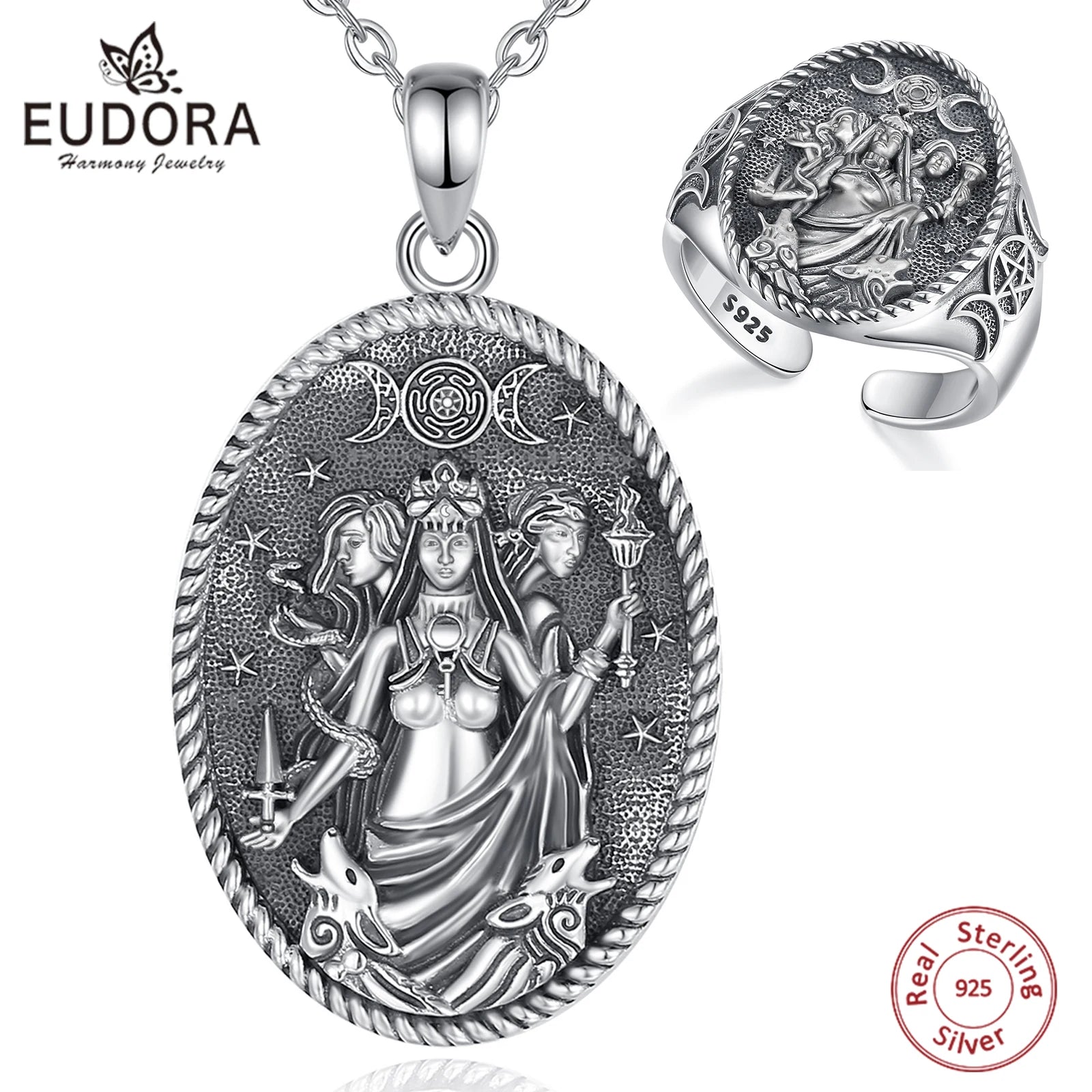 Eudora 925 Sterling Silver Triple Moon Goddess Adjustable Ring & Necklace Dog Hecate Amulet Necklace Triple Goddess Jewelry Set