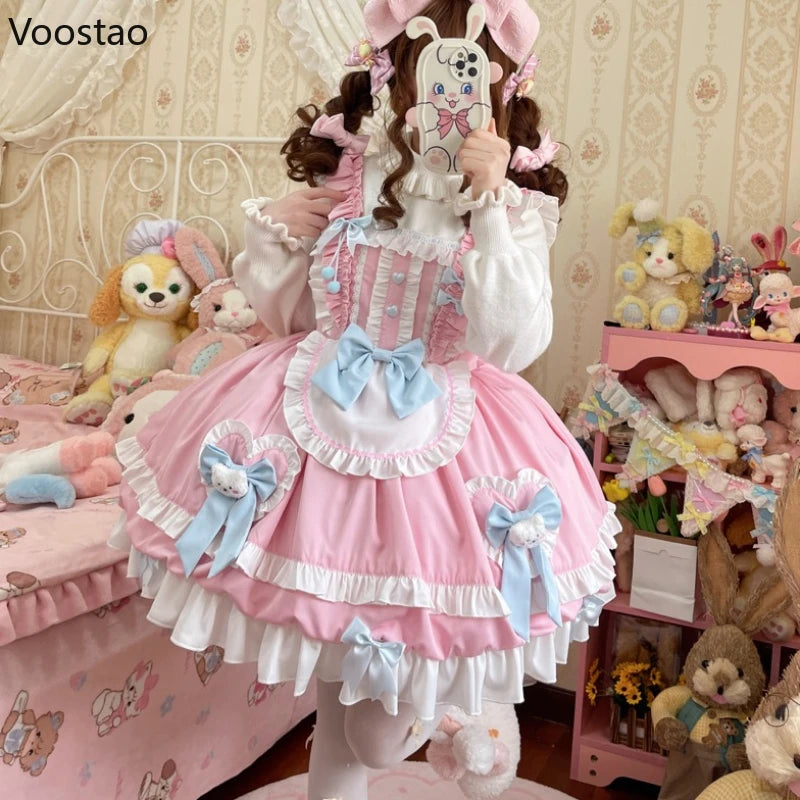 Japanese Sweet Lolita Jsk Dress Women Cute Blue Pink Bow Bear Lace Ruffles Sleeveless Dress Girls Kawaii Tea Party Mini Dress