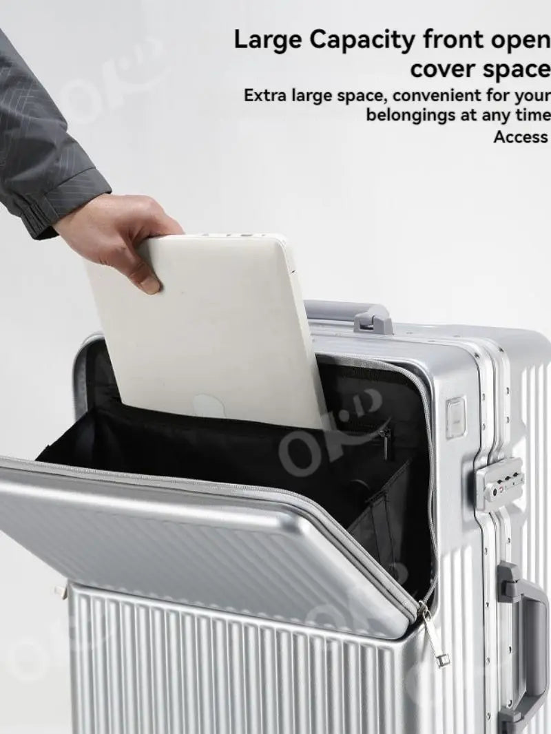 Cadre en aluminium à ouverture frontale, compartiment à bagages anti-chute de grande capacité, coffre à poignée télescopique à roues universelles de 20 pouces, coffre à bagages pour hommes de 24 pouces et
