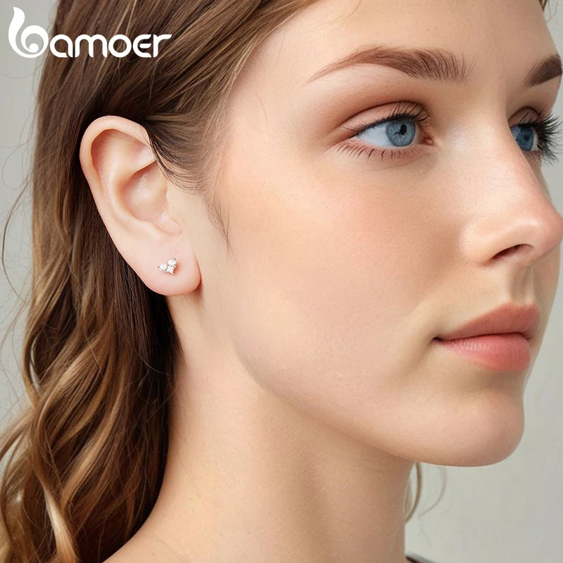 BAMOER 925 Sterling Silver Heart-Shape Stud Earrings Mini 3 Stones Arranged Shining CZ Earrings for Women Teens Girl Party Gift