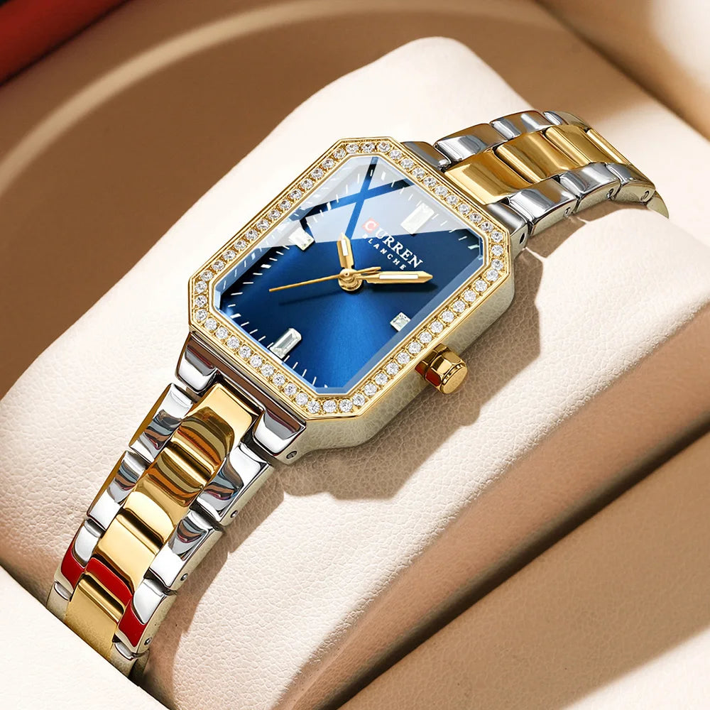 CURREN Luxurious Elegant Women's Watches Classic Rectangular Dial with Rhinestones Luminous Hands Waterproof