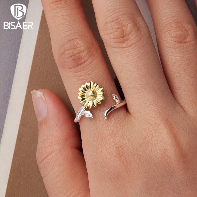 BISAER Gold Sunflower Open Ring 925 Sterling Silver Delicate Blooming Flowers Eternity Band for Women Party Fine Jewelry Gift