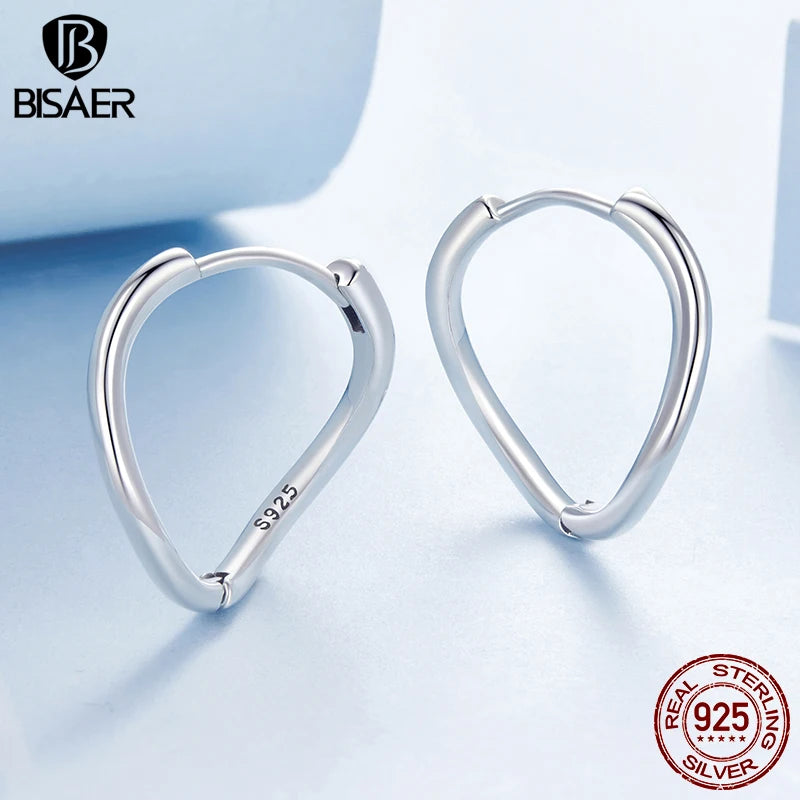 BISAER 925 Sterling Silver Minimalist Waves Hoop Earrings Simple Irregular Geometry Ear Hooks for OL Women Party Fine Jewelry