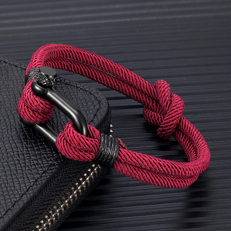 MKENDN Men Women Black Stainless Steel U shape Shackle Buckle Bracelet Two -Toned bondage Rope Square Knot For Couple Jewelry