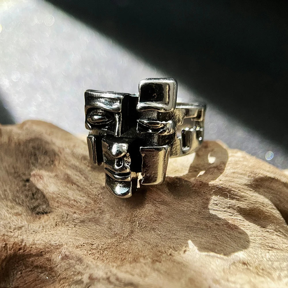 Retro Abstract Falling Apart Face Ring For Men Women Silver Color Punk Gothic Open Ring Designer Jewelry Accessories Art Gift