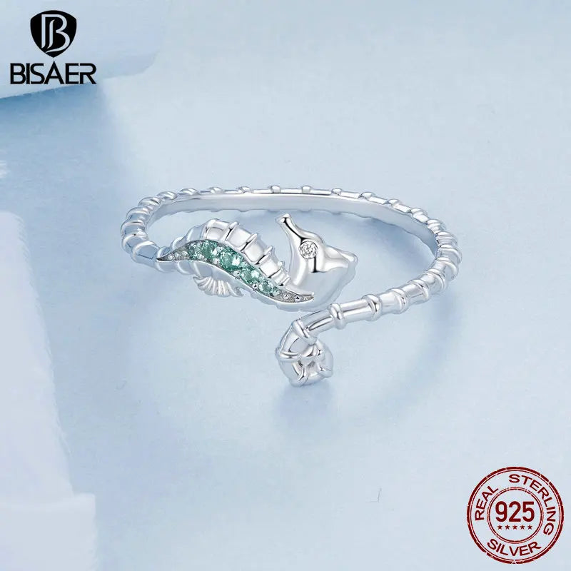 BISAER Bague ouverte en argent sterling 925 100 % 925 avec hippocampe vert, taille réglable 5 à 9, pour femme, fête sur la plage, bijoux fins, cadeau de vacances
