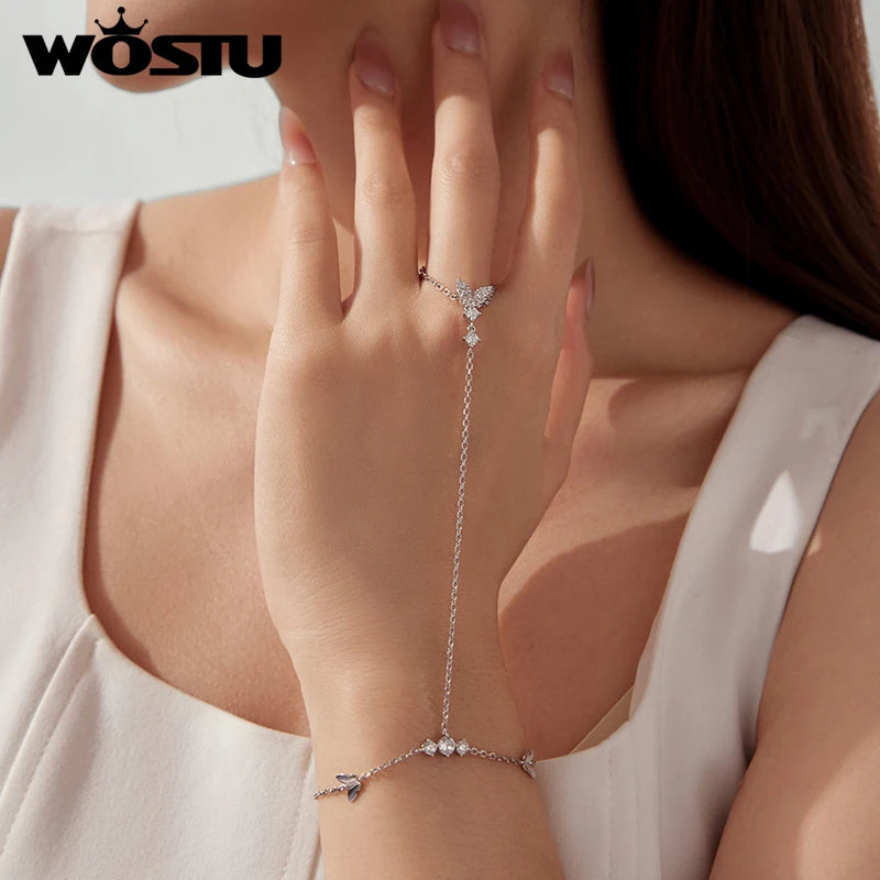 WOSTU 925 Silver Butterfly Hand Chain Ring Bracelet For Women, Wedding Engagement Jewelry Cubic Zirconia Link Rings Bracelets