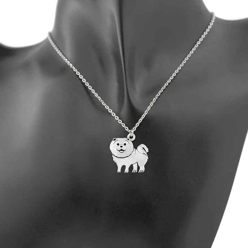 Retro Silver Color Chow Chow&Papillon Pendant Necklace Women Stainless Steel Long Chains Pekingese Dog Necklaces For Men Jewelry