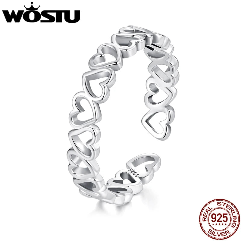 WOSTU 925 sterling Silver Hollow Heart Open Ring For Women Valentine's Jewelry Lovely Heart-shaped Stackable Rings Gift For Mom
