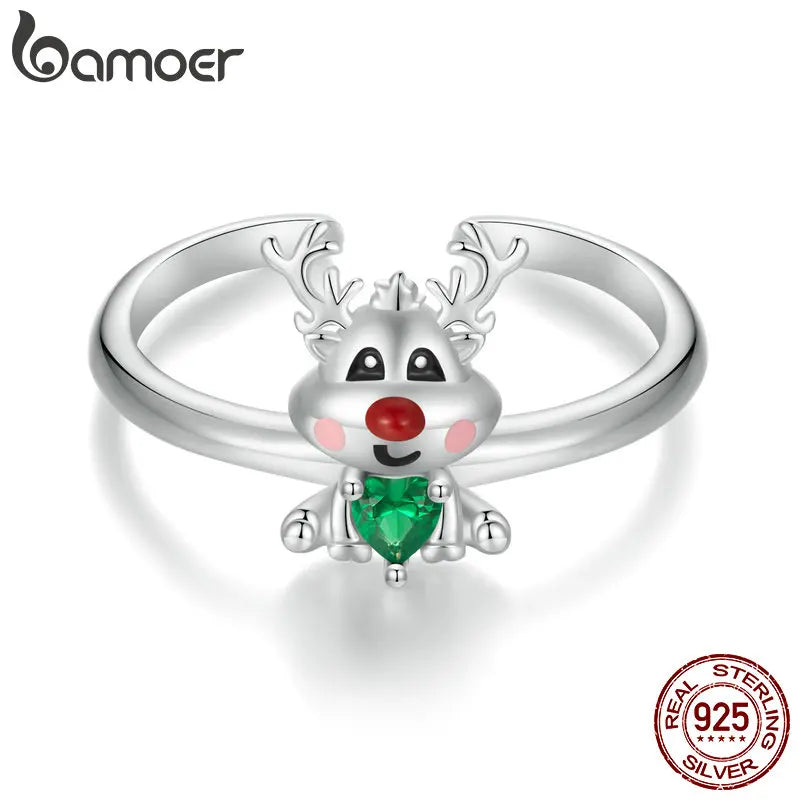 Sterling Silver Classic Reindeer Adjustable Ring Green Zircon Opening Ring for Women Christmas Gift Fine Jewelry - Madeinsea©