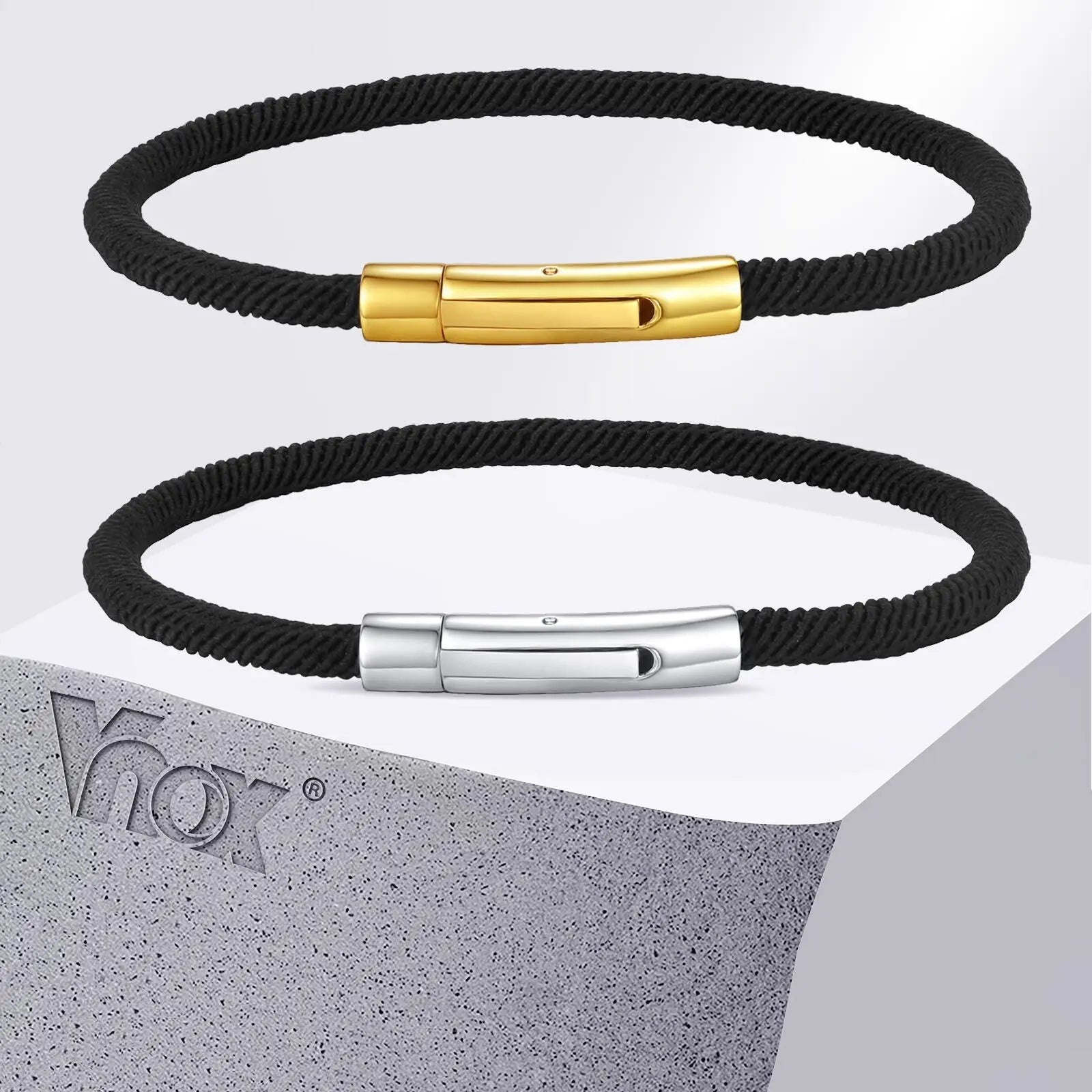 Vnox Simple Classic Black Milan Rope Cord Chain Bracelets for Men Boys, Stainless Steel Buckle Clasp Wristband Jewelry