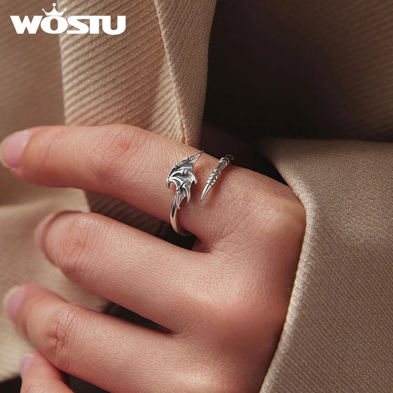 WOSTU 925 Sterling Silver Edgy Gothic Demon Wing & Claw Ring For Women , Retro s925 Silver Punk Adjustable Rings Halloween Gift