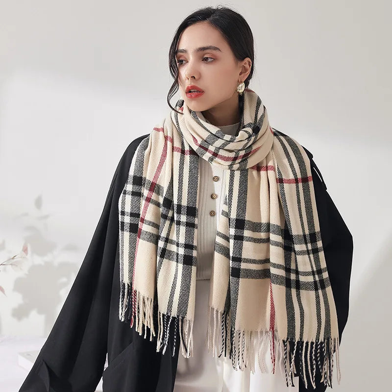 Autumn & Winter Imitation Cashmere Headscarf, New Korean - Japanese Sweet Style, Medium - Long Plaid, Warm Shawl & Scarf