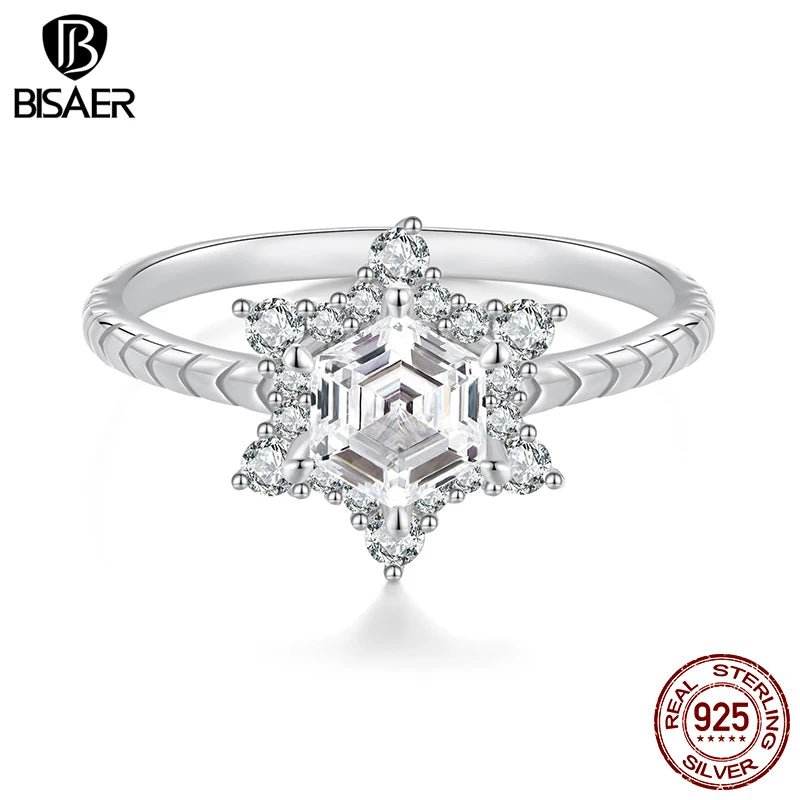 BISAER 925 Sterling Silber Eisblumenring Funkelnder Zirkon Fingerring Vergoldet Weißgold für Frauen Hochzeitsfeier Edler Schmuck
