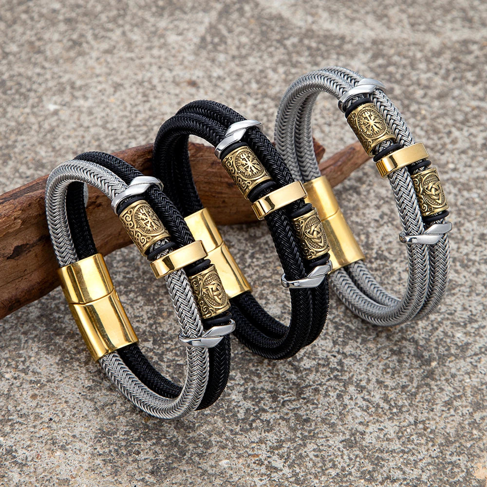 MKENDN Norse Mythology Viking Compass Runes Amulet Bracelet With Non-fading Steel Wire Rope Bracelet Men Classic Charm Bracelet