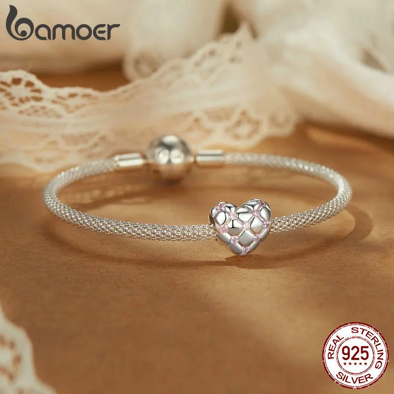 BAMOER Solid 925 Sterling Silver Love Heart Diamond Pattern Charm Bead fit Original Bracelet DIY Bamoer Charm for Jewelry Making