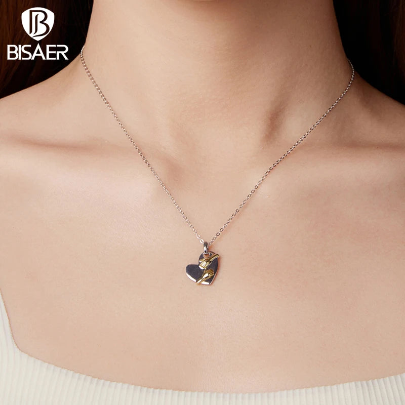 BISAER 925 Sterling Silver Hug Heart Pendant Necklace Adjustable Chain Plated White Gold for Women Party Fine Jewelry EFN441